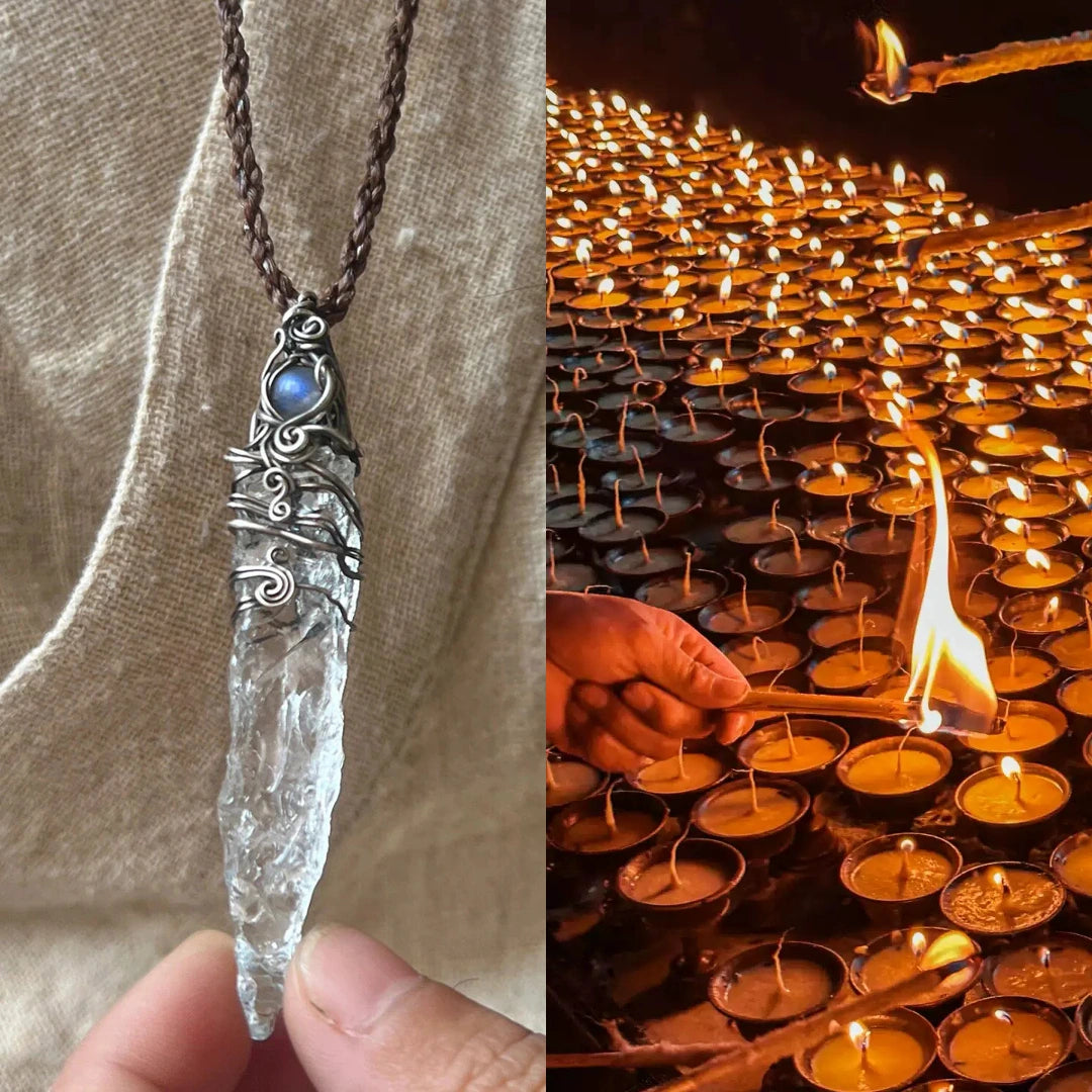 Pendant worn on a beige top; adjacent panel shows rows of butter lamps being lit by hand.