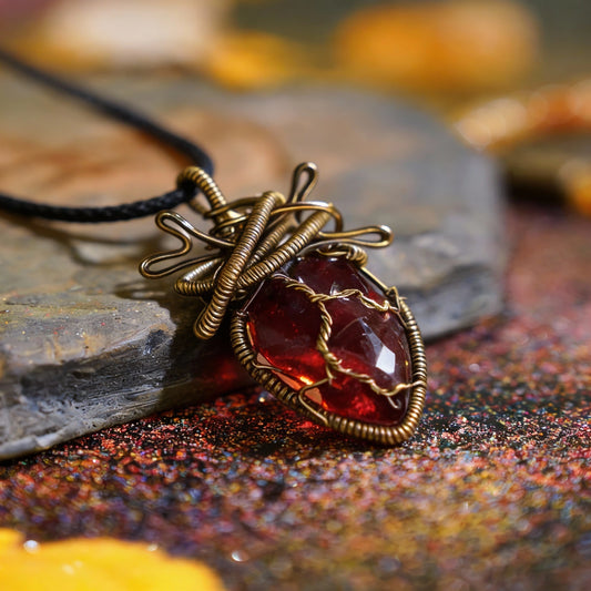 The same pendant resting on a textured surface with warm bokeh lights.