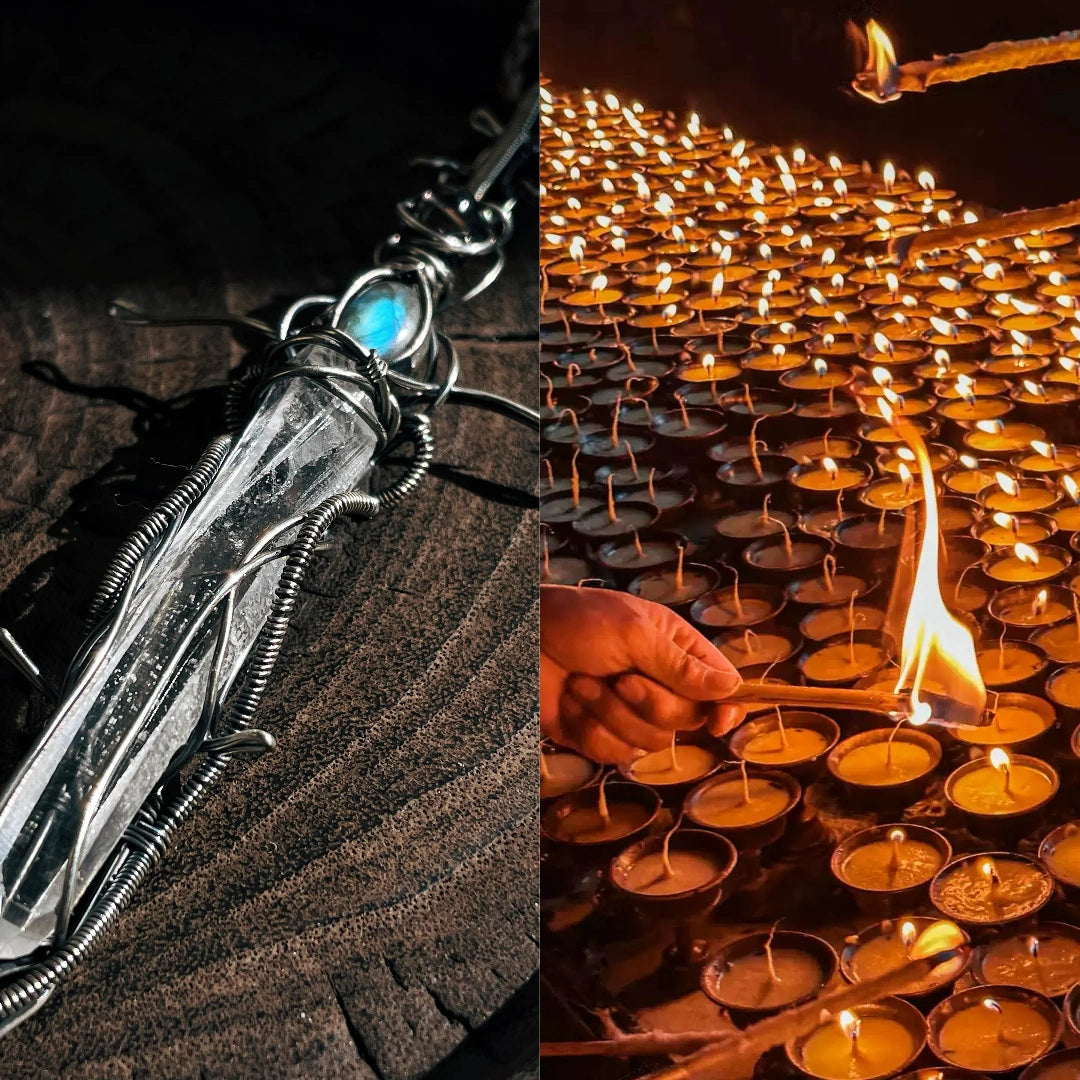 Split image—left the pendant beside rows of butter lamps being lit by hand.