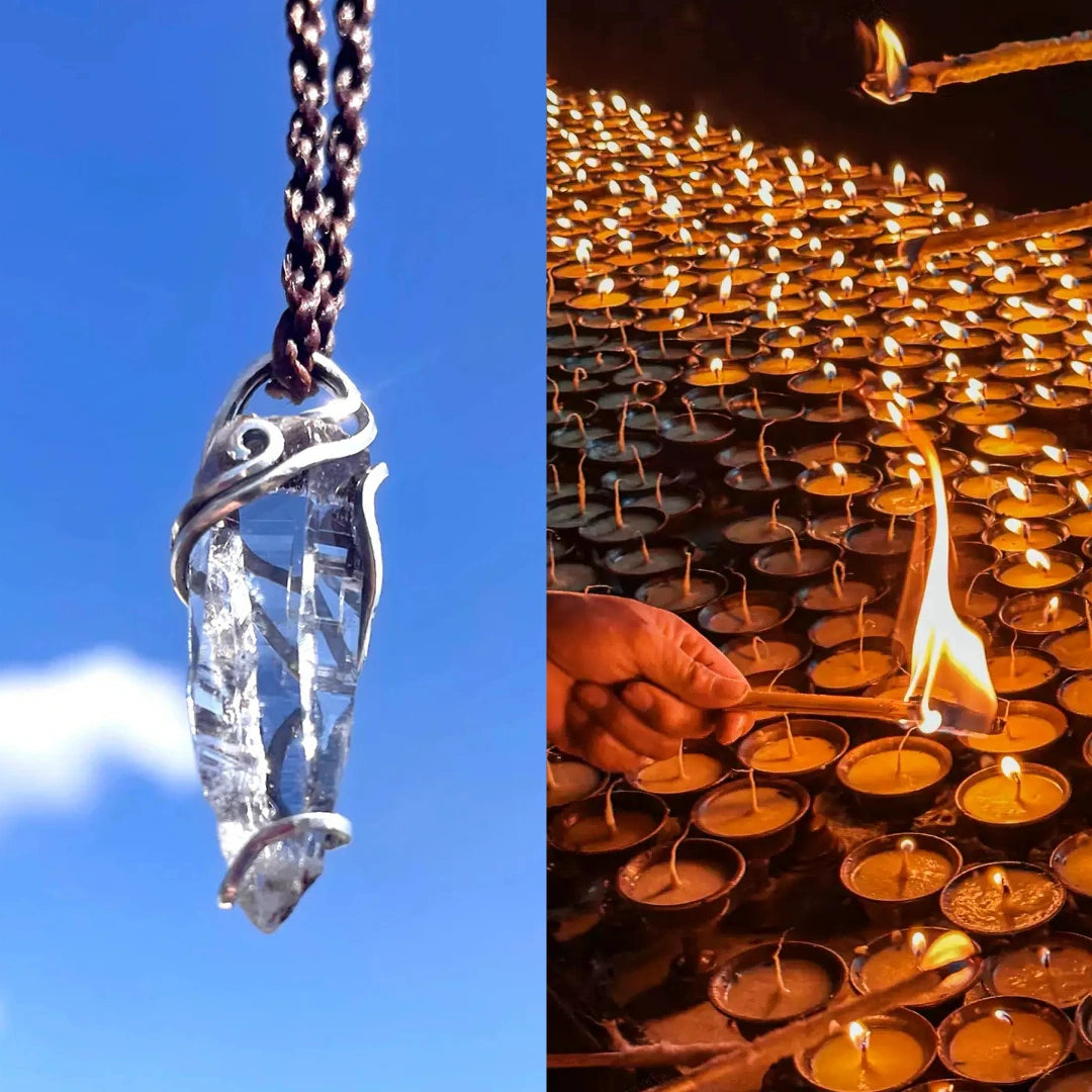 Split image—left a clear crystal pendant with metal wrap hanging against a bright blue sky; right a close-up of many butter lamps being lit by hand with a flaming taper.