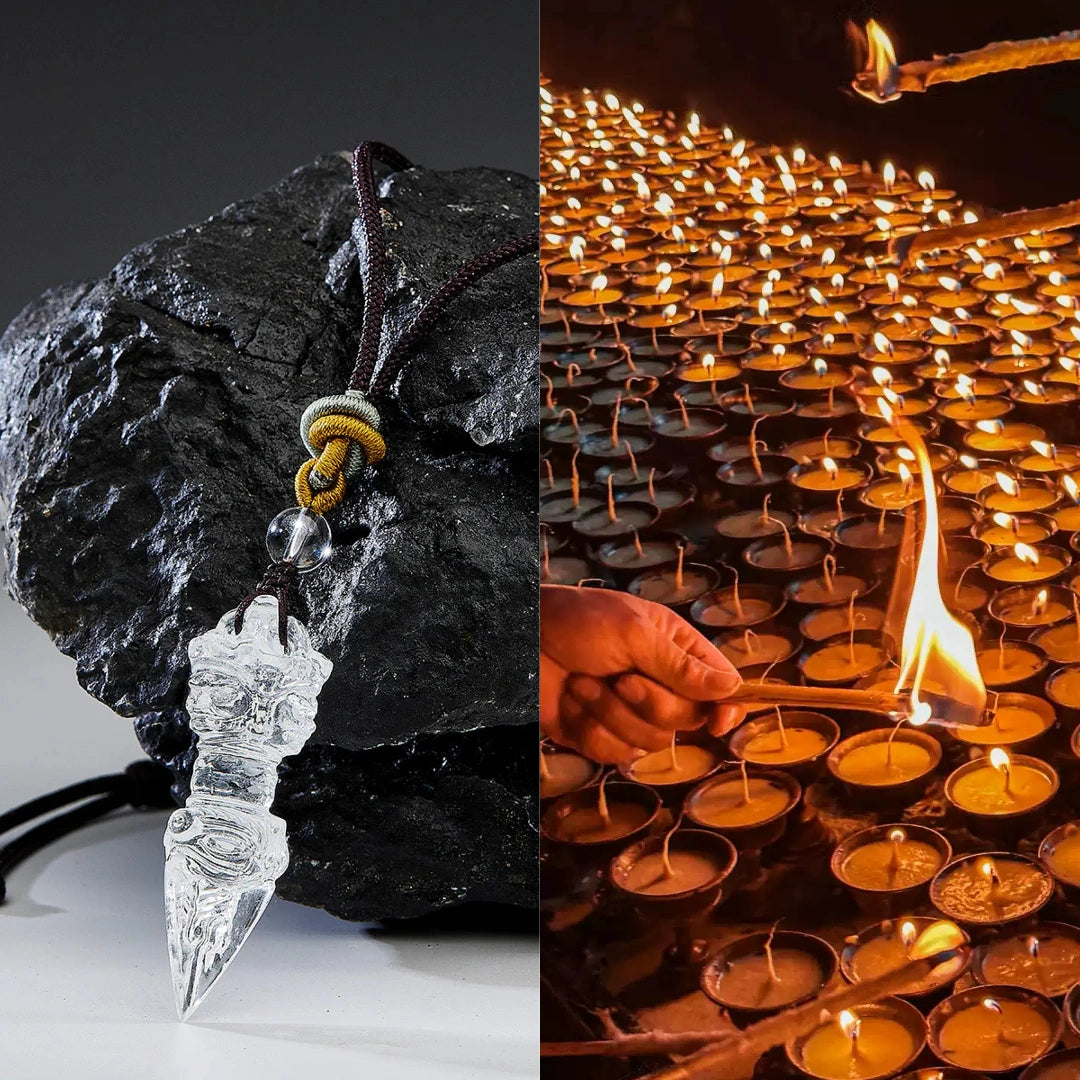Split image—left the carved pendant on black rock; right rows of butter lamps being lit by hand.