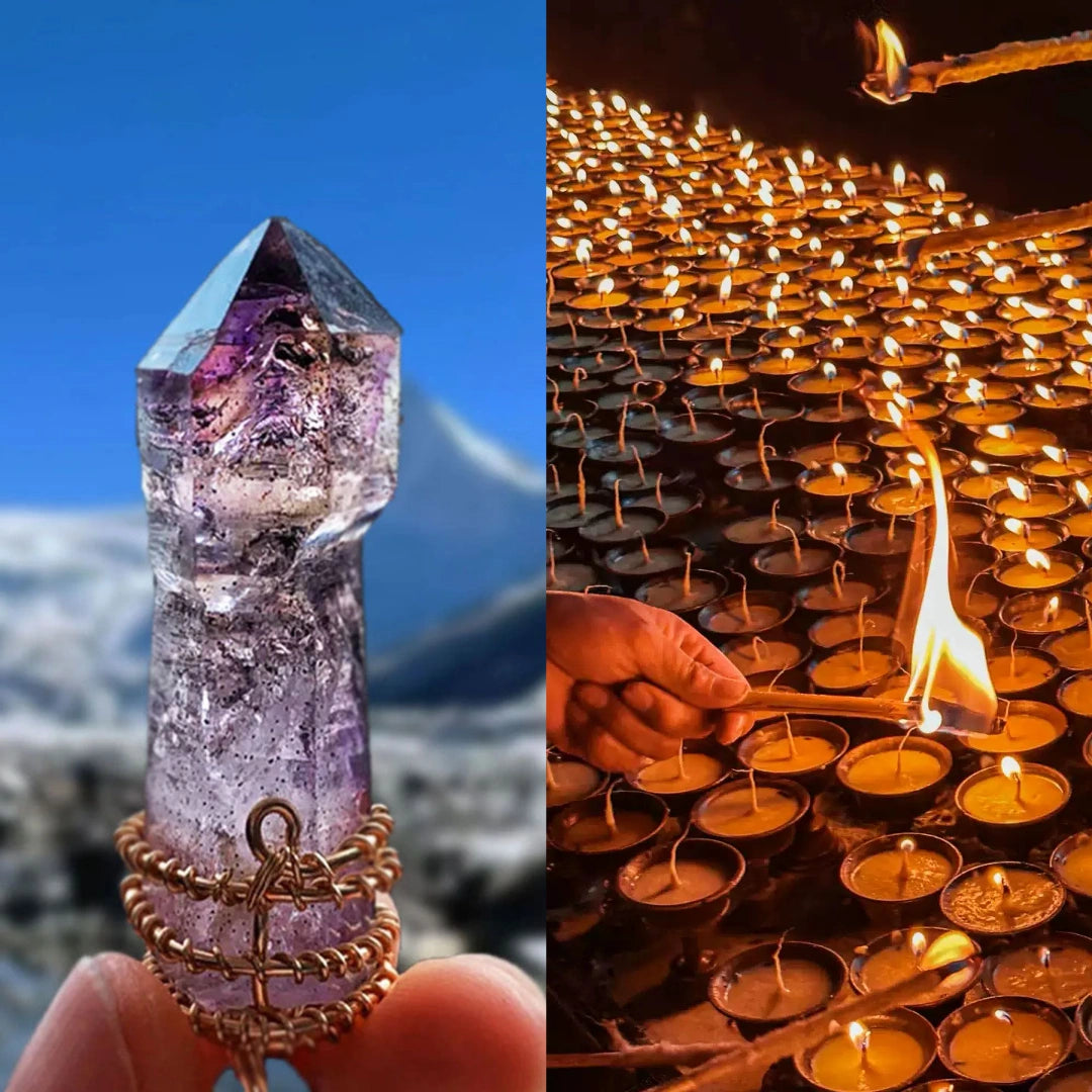 Split image—left the same amethyst held up; right rows of butter lamps being lit by hand.