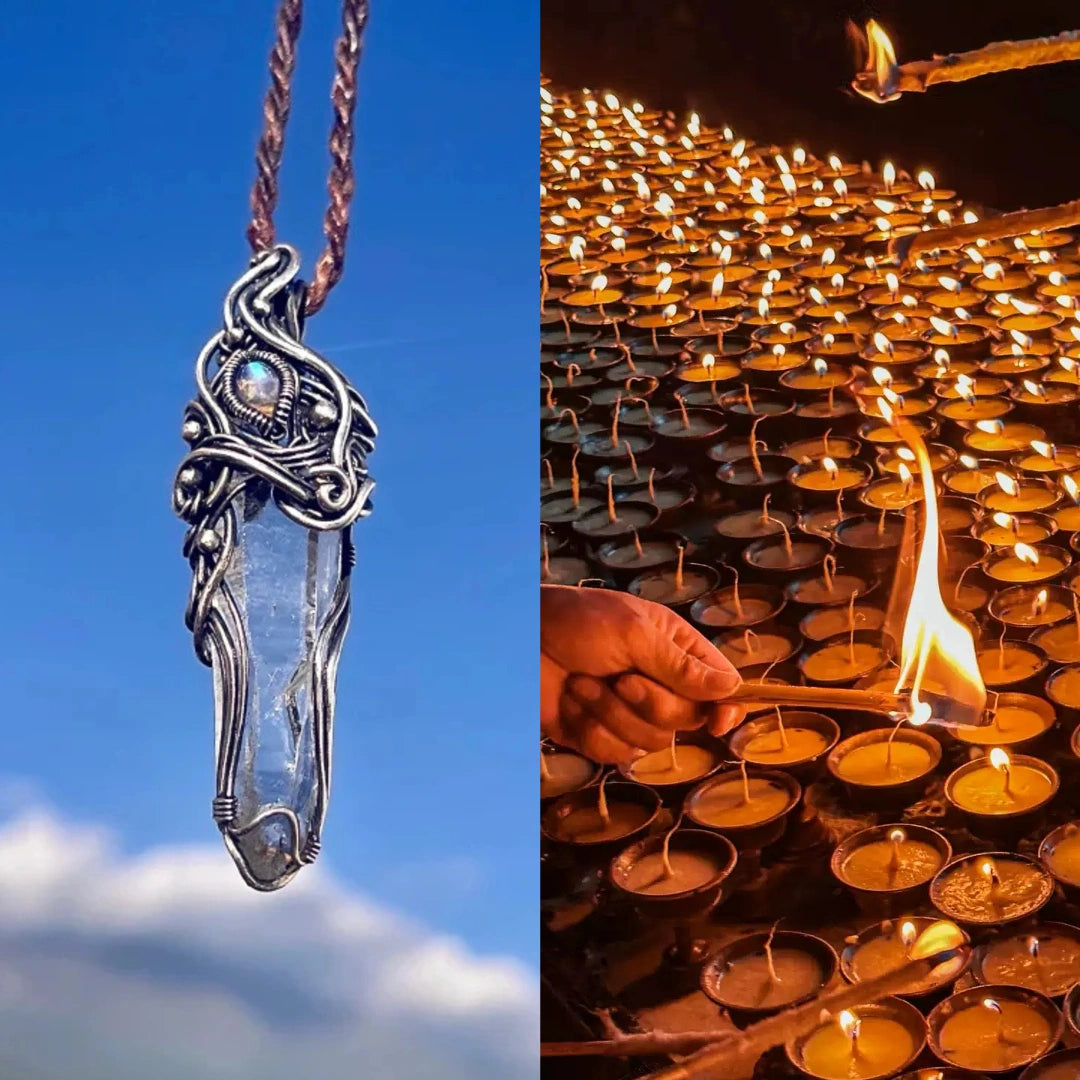 Split image—left the ornate pendant; right rows of butter lamps being lit by hand.