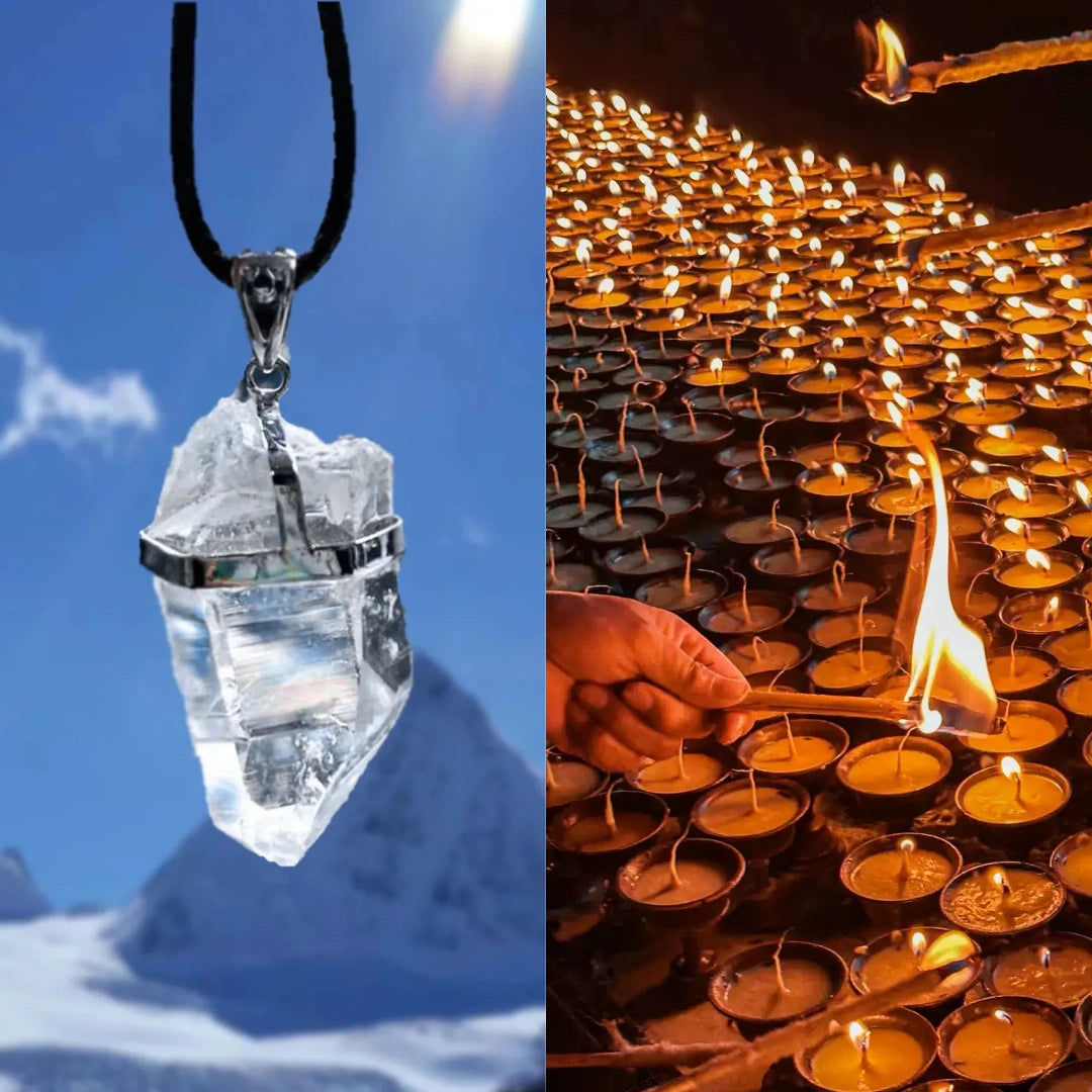 Split image—left the hanging crystal pendant over mountains; right many butter lamps being lit by hand.