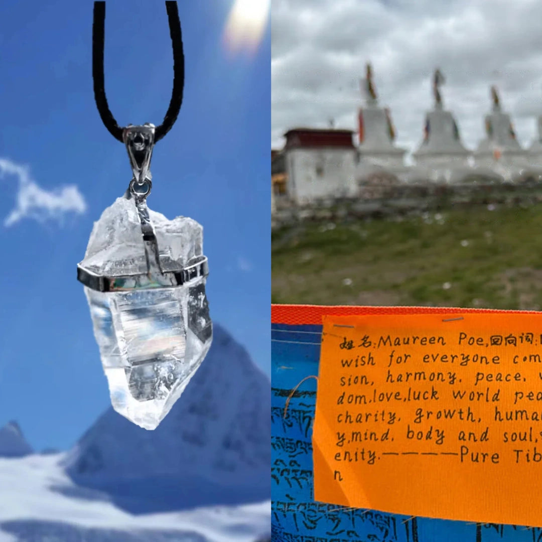 Split image—left the hanging crystal pendant over snowy peaks; right a close-up of a handwritten wish note outdoors.