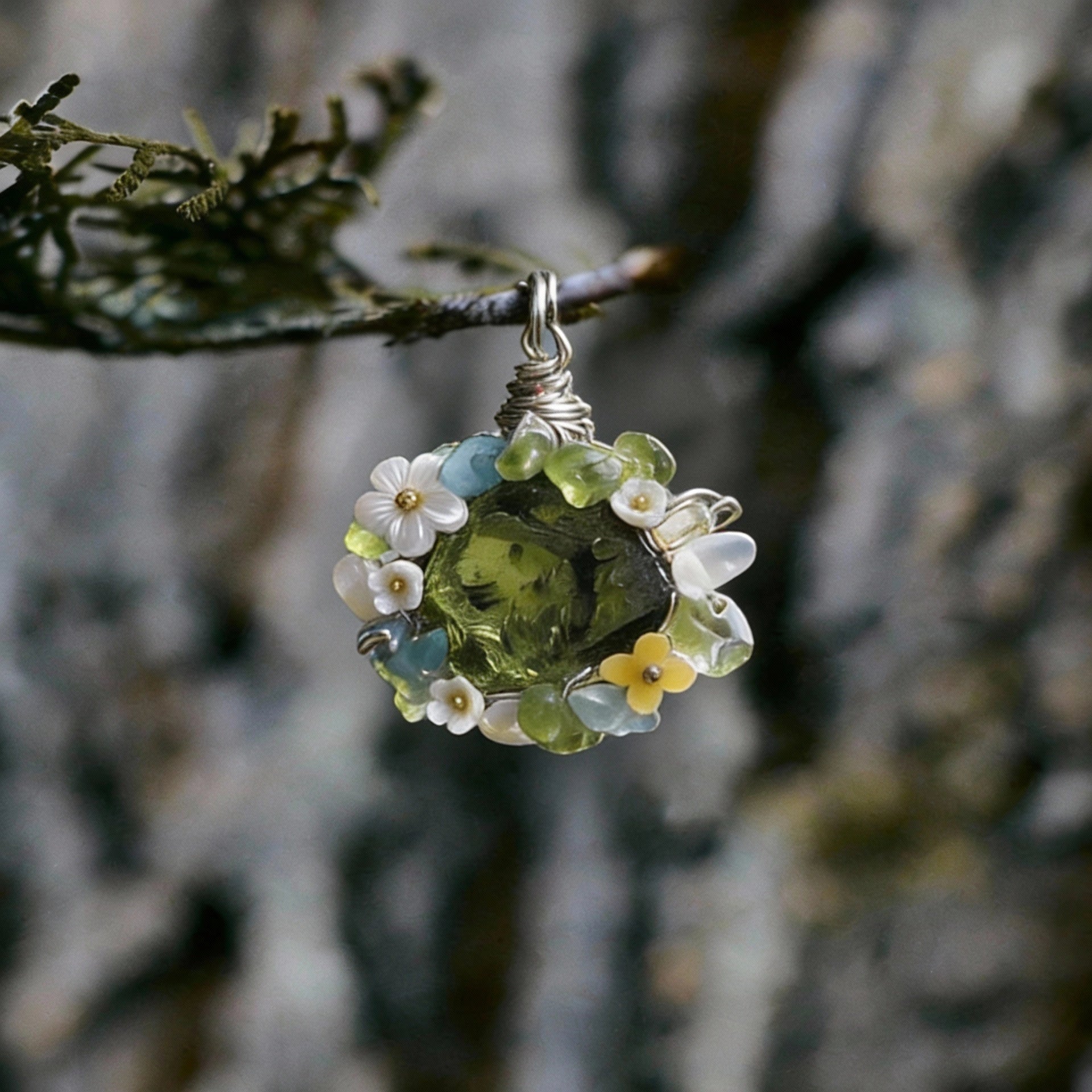 Pendant hanging from a small branch against tree-bark background.