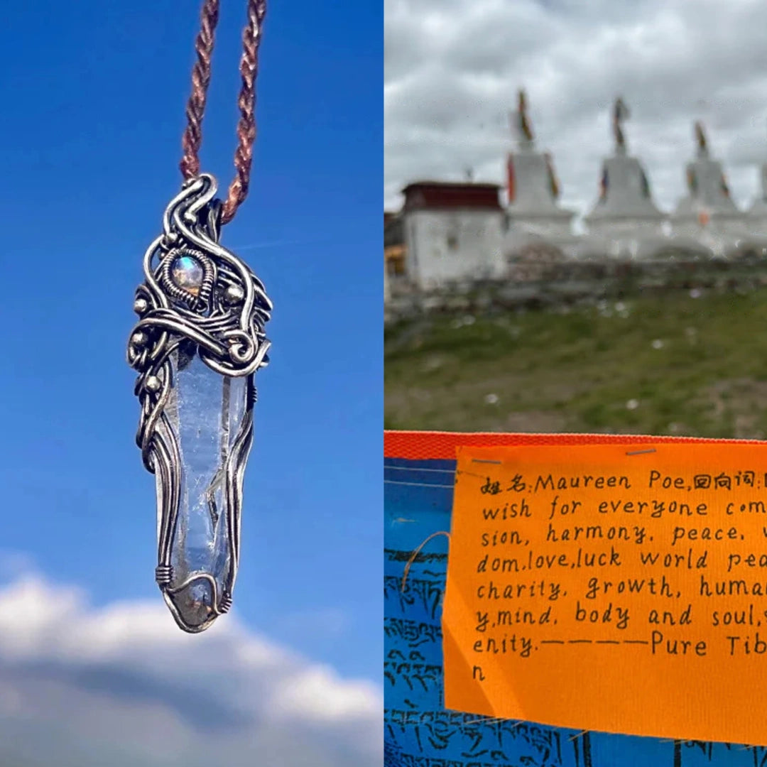 Split image—left the pendant against sky; right prayer flags or fabric with handwritten note in front of a field and stupas.
