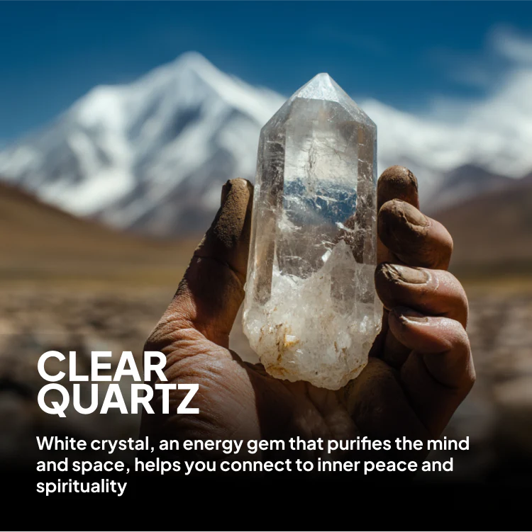 Hand holding a clear quartz point with snowy mountains behind, overlay text “CLEAR QUARTZ” and a short caption.