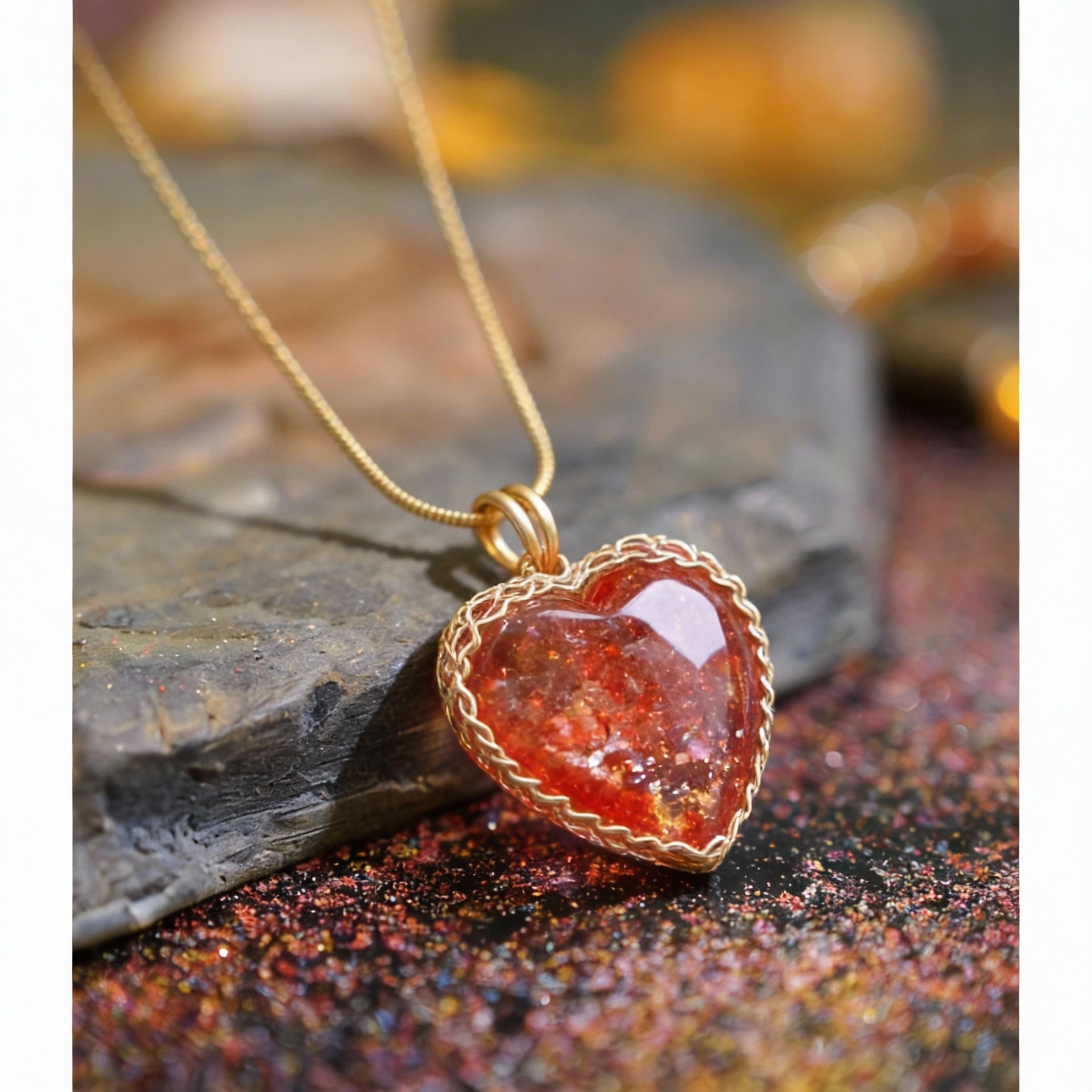 The pendant resting on a textured surface with warm bokeh lights.