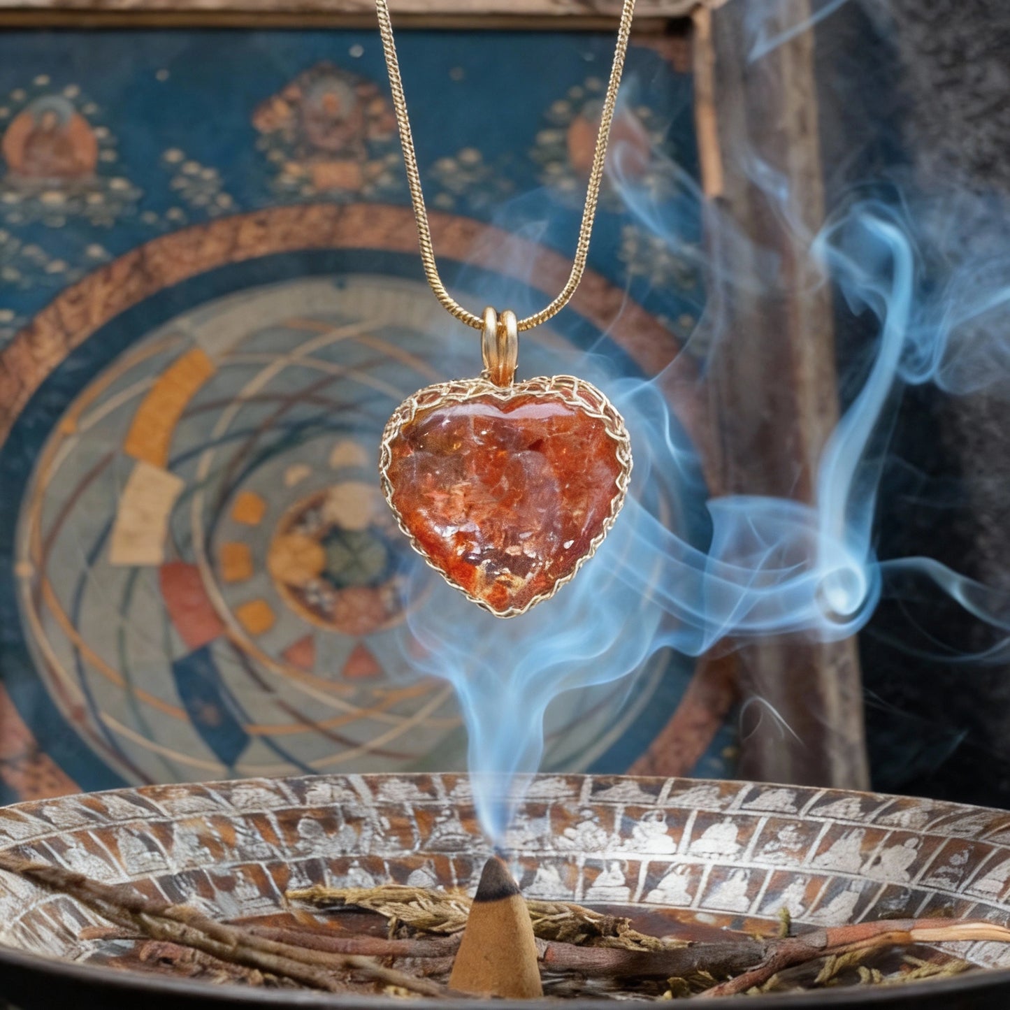 Pendant suspended above an incense burner with curling smoke.