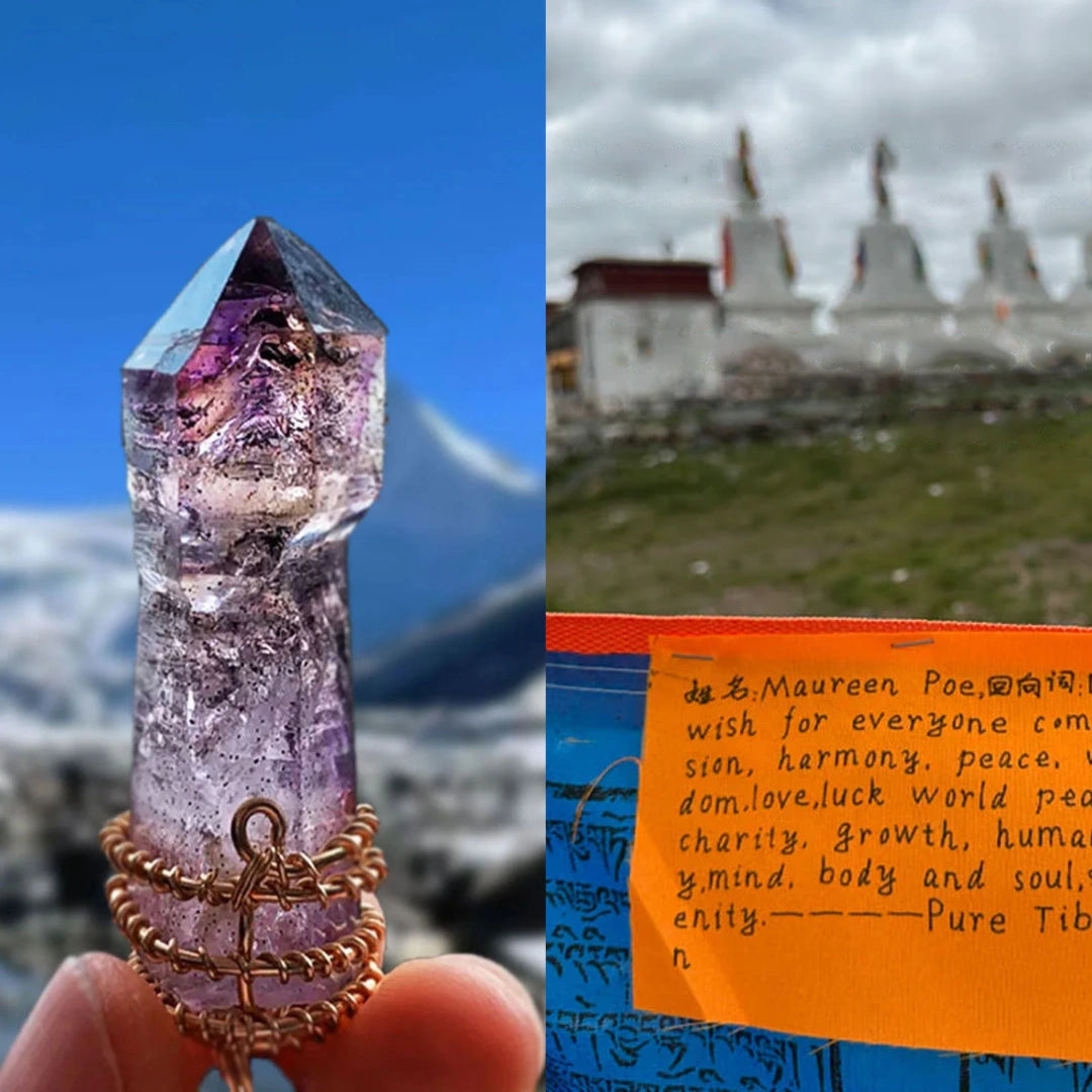 Triptych—left the wire-wrapped amethyst held up; center distant stupas and a handwritten note on fabric; right mountains.