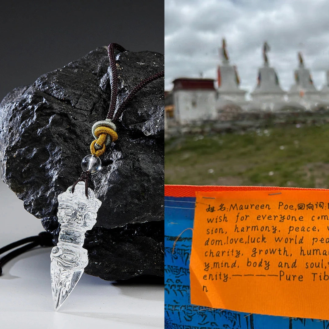 Split image—left the carved pendant on a black rock; right distant stupas and a handwritten note on bright fabric.