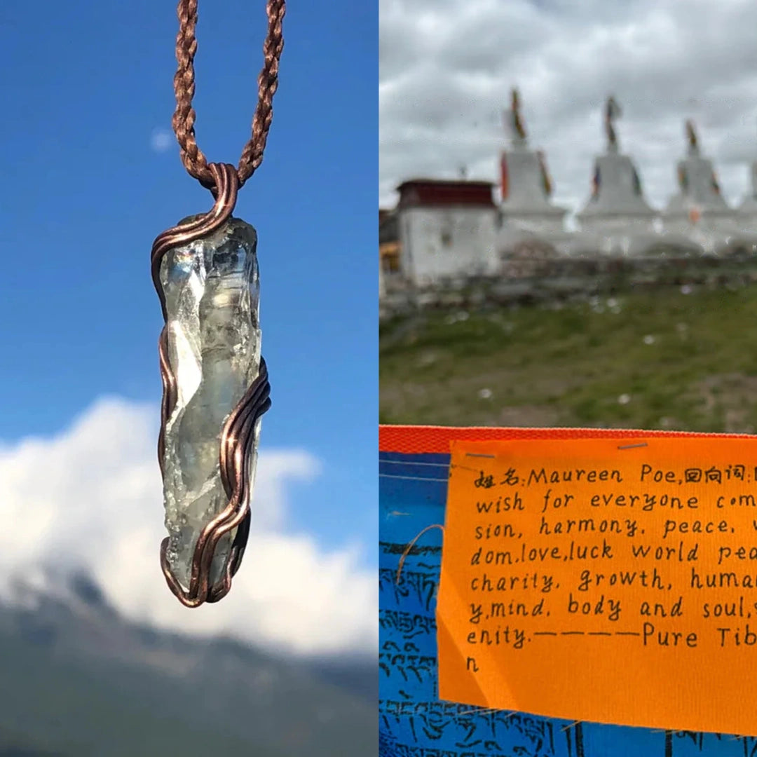 Split image—left the pendant; right distant stupas and a handwritten orange note.
