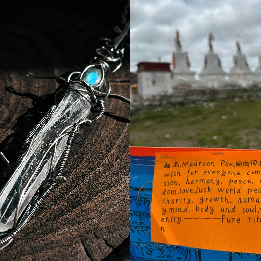 Split image—left the pendant on wood; right distant stupas and a handwritten orange note.