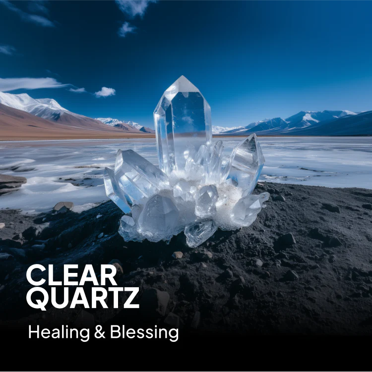 Clear quartz cluster placed on a rocky lakeshore with mountains and clouds, “CLEAR QUARTZ” text.