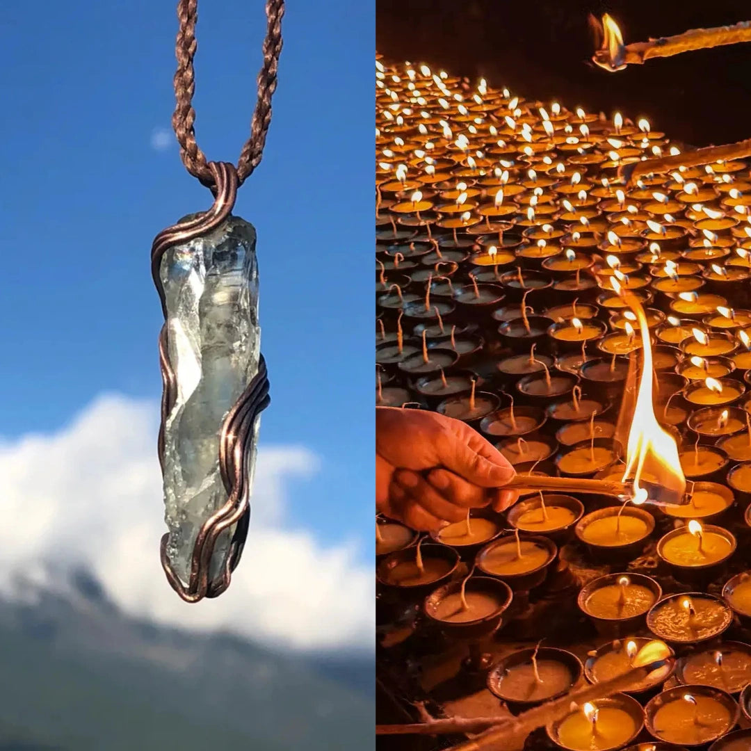 Split image—left the hanging pendant; right many butter lamps being lit by hand.