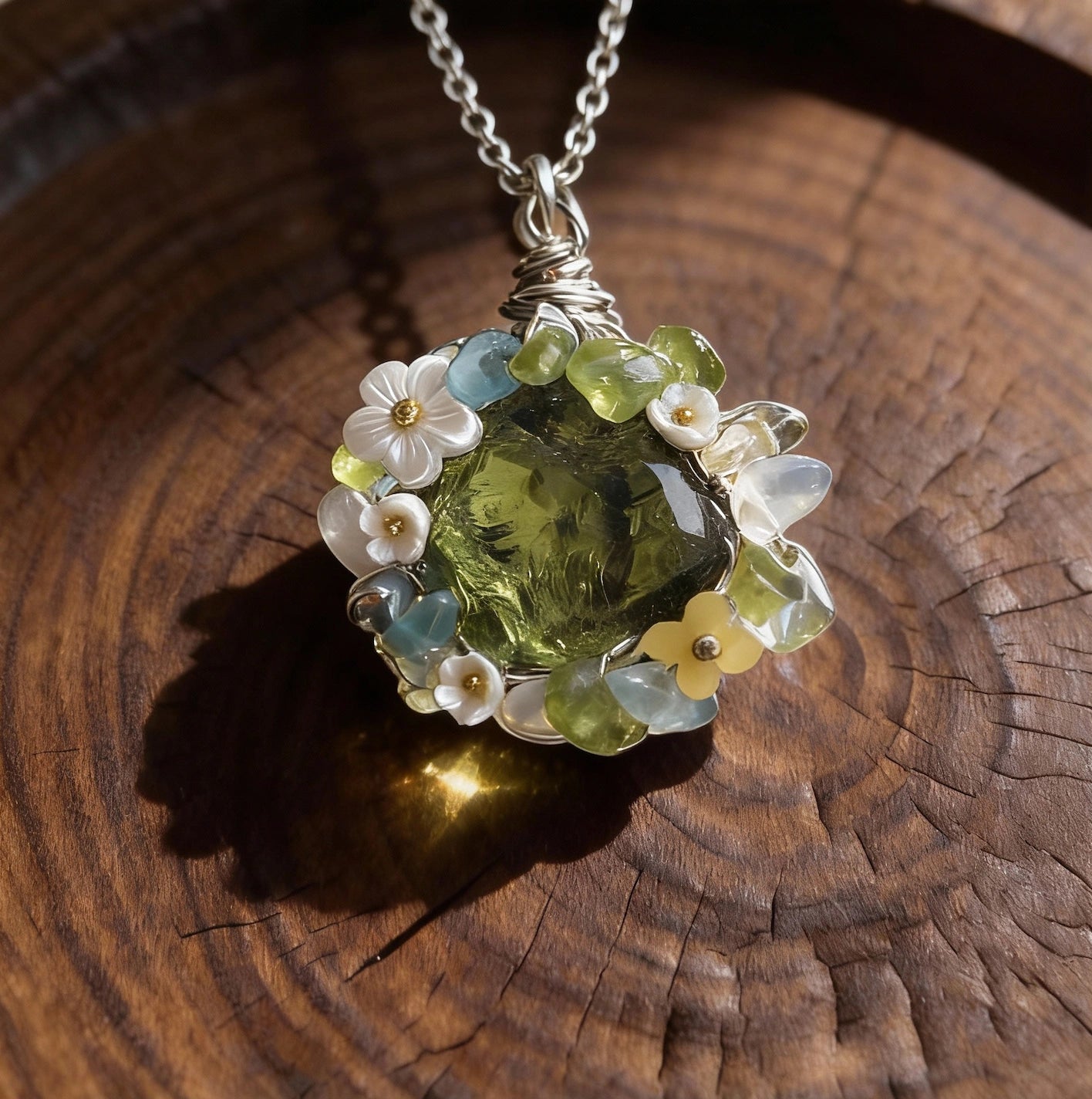 Green faceted stone pendant encircled by small flower beads on a silver chain, displayed on a wooden plate.