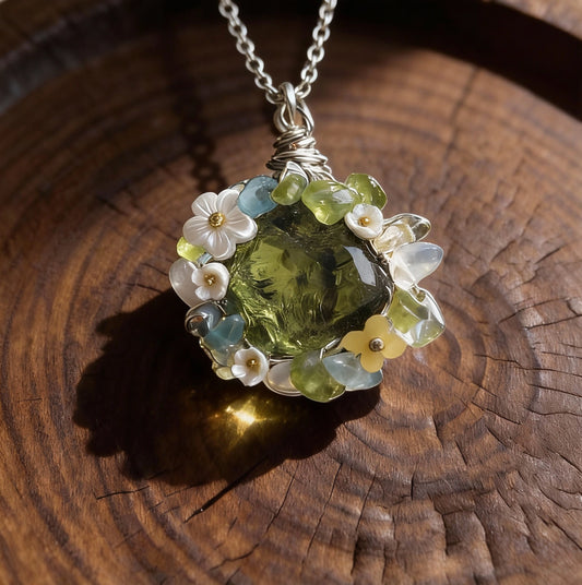 Green faceted stone pendant encircled by small flower beads on a silver chain, displayed on a wooden plate.