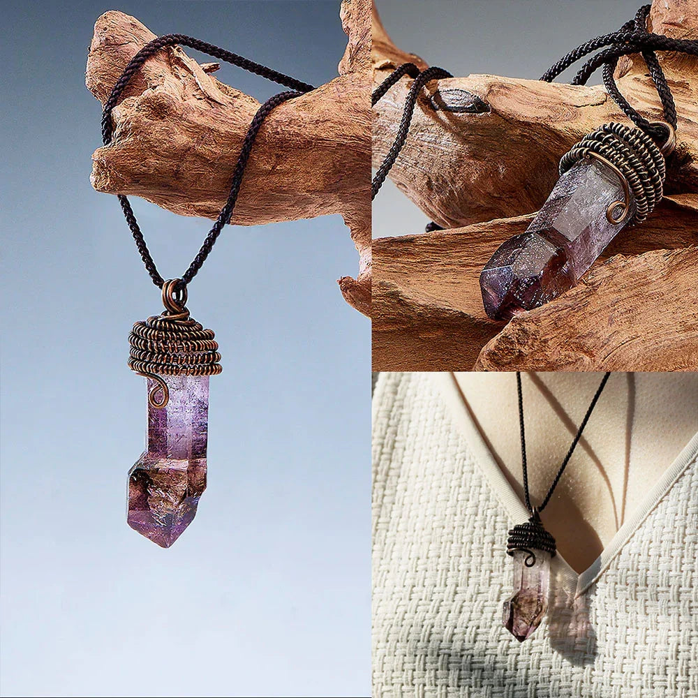Two pendants hanging from wood; right side shows one worn on a knit top.