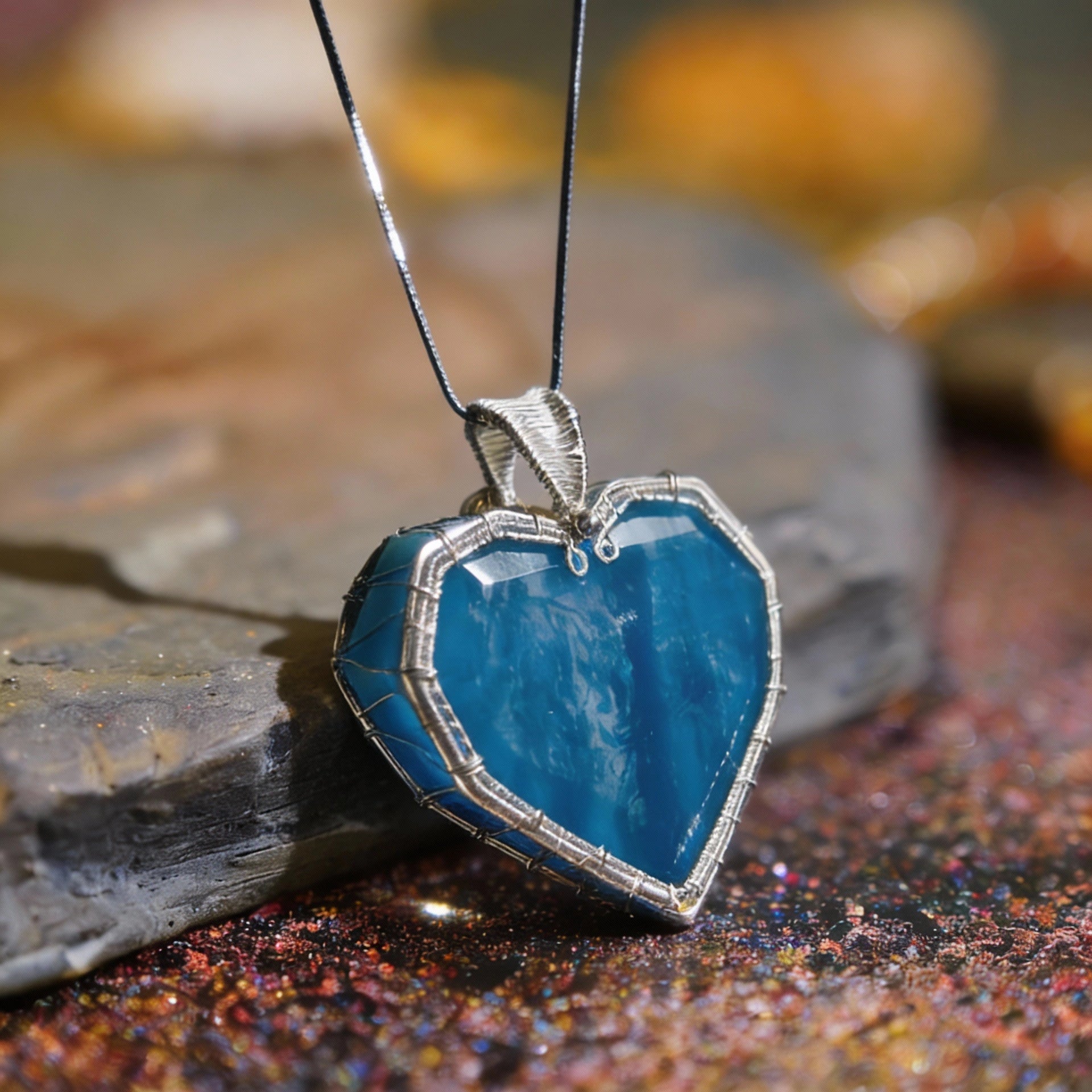 The pendant placed on a textured surface with warm bokeh lights.